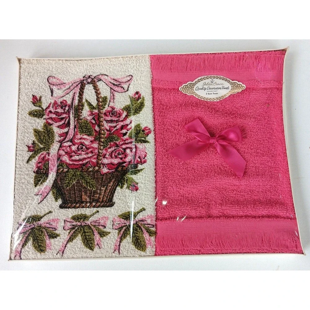 Vintage Box of Two Golden Crown Decorative Guest Towels Pinks White Green NIB